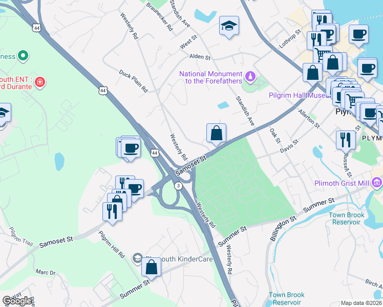map of restaurants, bars, coffee shops, grocery stores, and more near 101 Westerly Road in Plymouth