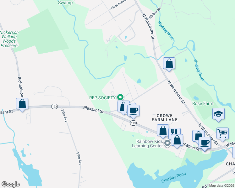 map of restaurants, bars, coffee shops, grocery stores, and more near 23 Precourt Lane in Norton