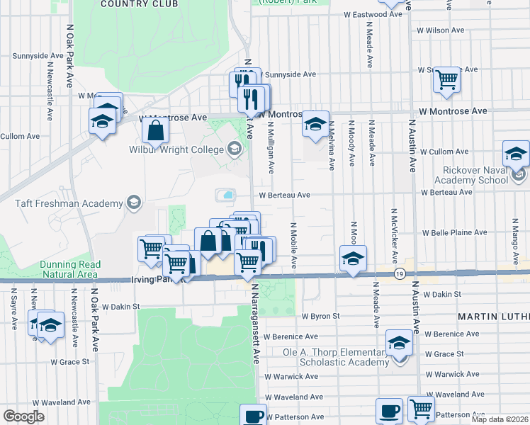 map of restaurants, bars, coffee shops, grocery stores, and more near 4137 North Narragansett Avenue in Chicago