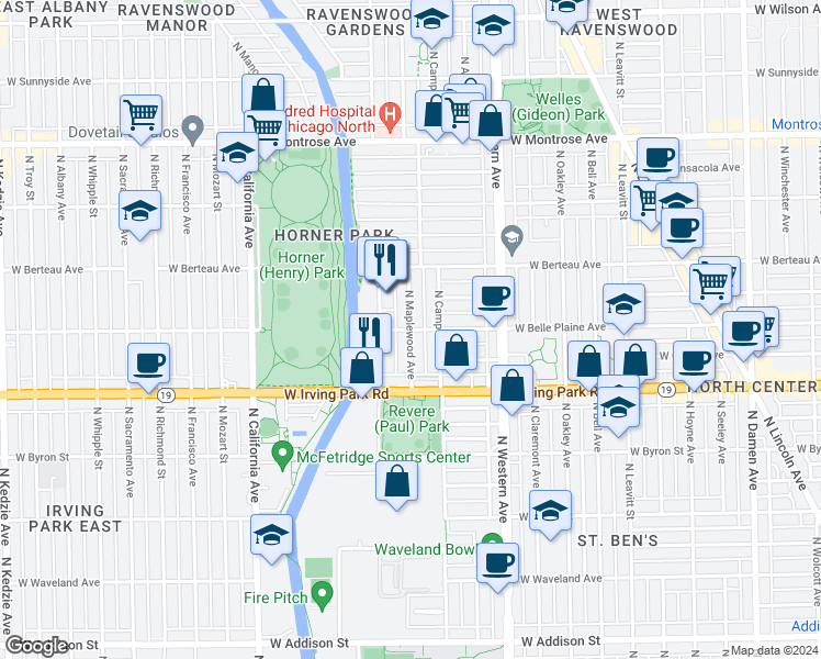 map of restaurants, bars, coffee shops, grocery stores, and more near West Belle Plaine Avenue & North Maplewood Avenue in Chicago