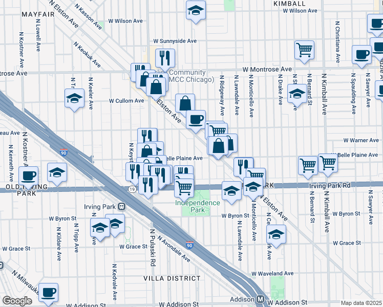 map of restaurants, bars, coffee shops, grocery stores, and more near 4106 North Avers Avenue in Chicago