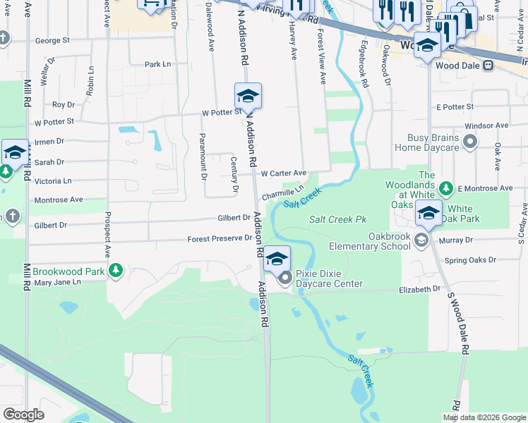 map of restaurants, bars, coffee shops, grocery stores, and more near 320 Charmille Lane in Wood Dale