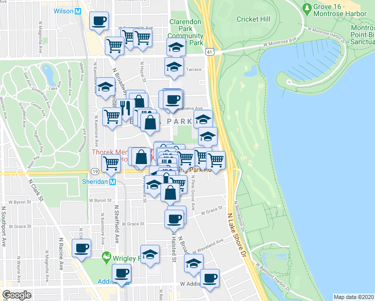 map of restaurants, bars, coffee shops, grocery stores, and more near 728 West Bittersweet Place in Chicago