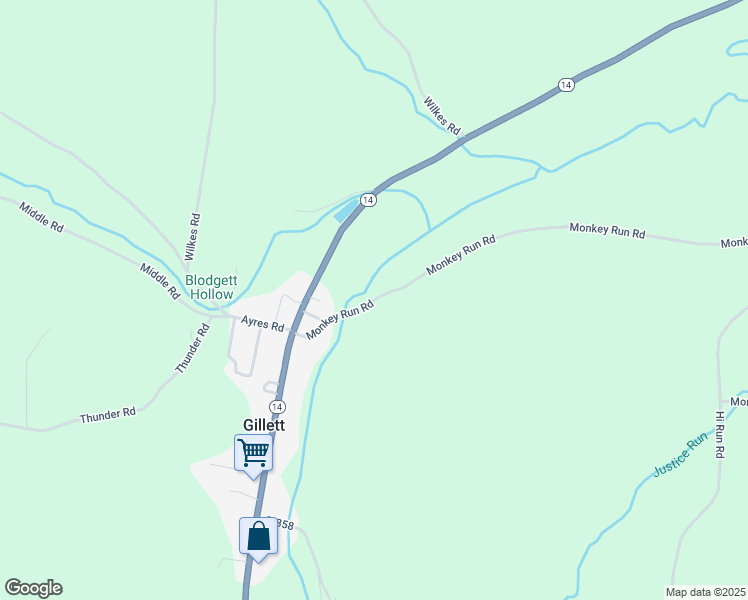 map of restaurants, bars, coffee shops, grocery stores, and more near Monkey Run Road in Gillett
