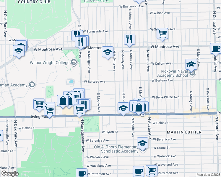 map of restaurants, bars, coffee shops, grocery stores, and more near 6229 West Berteau Avenue in Chicago