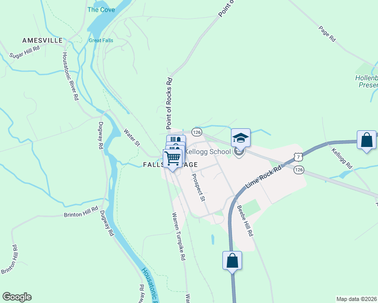 map of restaurants, bars, coffee shops, grocery stores, and more near 88 Main Street in Canaan