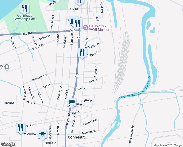 map of restaurants, bars, coffee shops, grocery stores, and more near 164 River Street in Conneaut