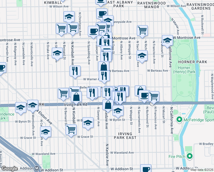map of restaurants, bars, coffee shops, grocery stores, and more near 4101 North Kedzie Avenue in Chicago
