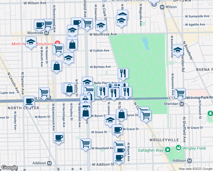 map of restaurants, bars, coffee shops, grocery stores, and more near 1442 West Belle Plaine Avenue in Chicago