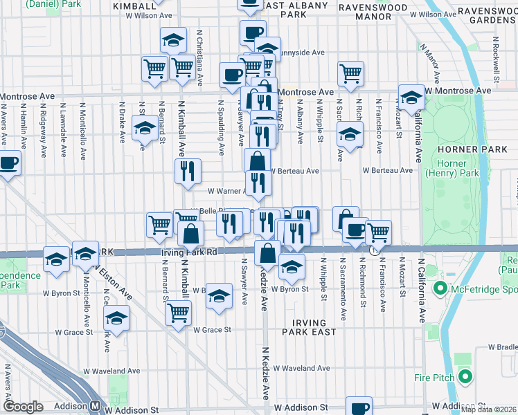 map of restaurants, bars, coffee shops, grocery stores, and more near 4125 North Kedzie Avenue in Chicago