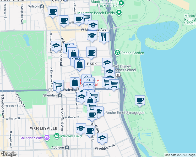 map of restaurants, bars, coffee shops, grocery stores, and more near 732 West Bittersweet Place in Chicago