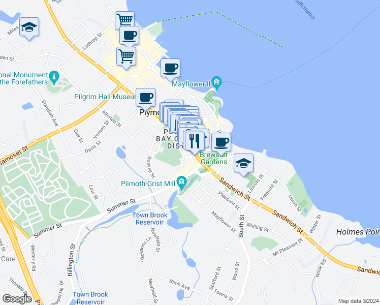 map of restaurants, bars, coffee shops, grocery stores, and more near 44 Massachusetts 3A in Plymouth