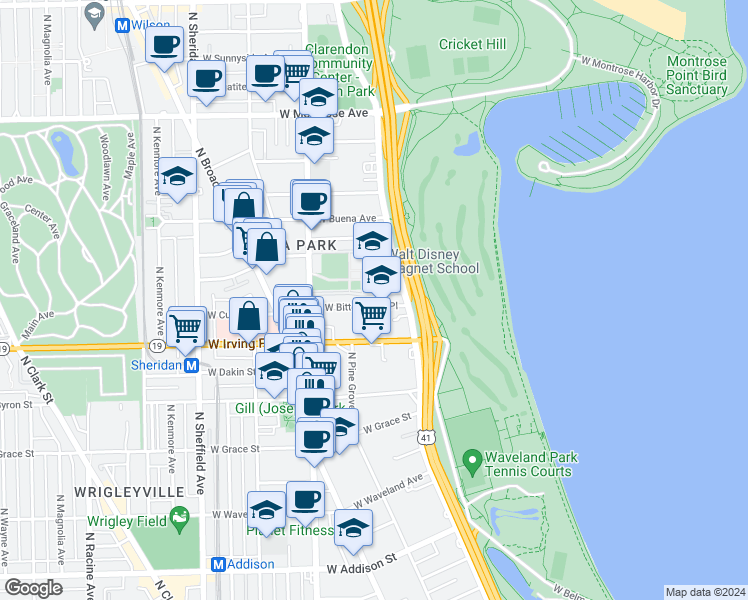 map of restaurants, bars, coffee shops, grocery stores, and more near 4140 North Marine Drive in Chicago