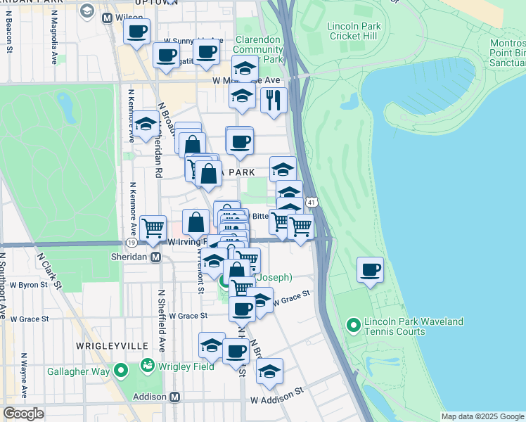 map of restaurants, bars, coffee shops, grocery stores, and more near 716 West Bittersweet Place in Chicago