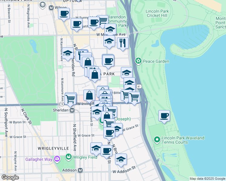 map of restaurants, bars, coffee shops, grocery stores, and more near 4115 North Clarendon Avenue in Chicago