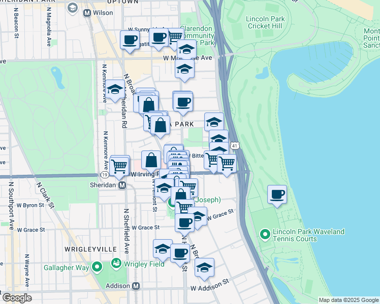 map of restaurants, bars, coffee shops, grocery stores, and more near 4115 North Clarendon Avenue in Chicago