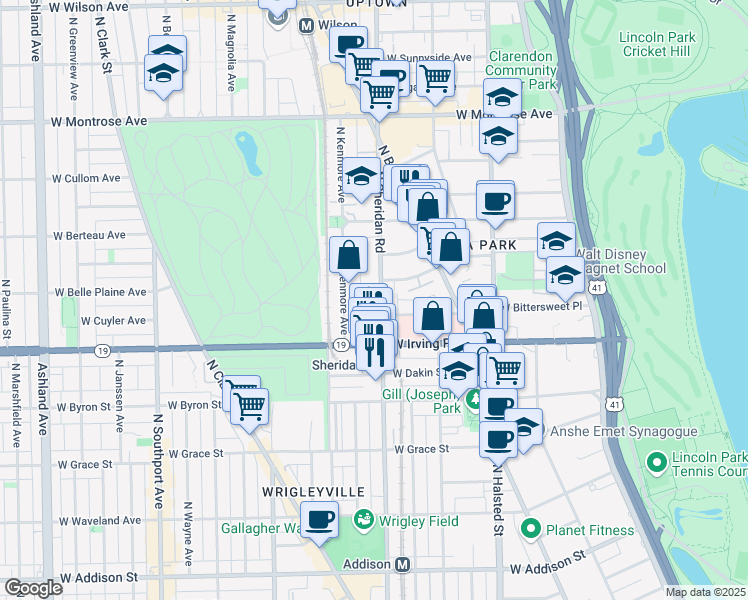 map of restaurants, bars, coffee shops, grocery stores, and more near 4069 North Kenmore Avenue in Chicago