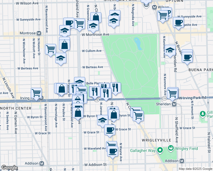 map of restaurants, bars, coffee shops, grocery stores, and more near 4108 North Southport Avenue in Chicago