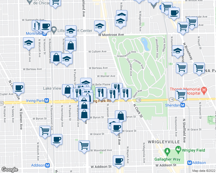 map of restaurants, bars, coffee shops, grocery stores, and more near 1442 West Belle Plaine Avenue in Chicago