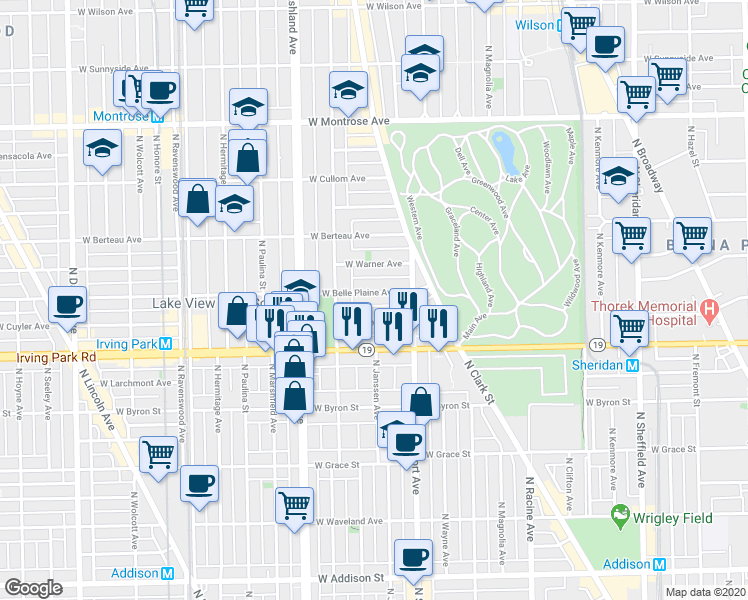 map of restaurants, bars, coffee shops, grocery stores, and more near 1442 West Belle Plaine Avenue in Chicago