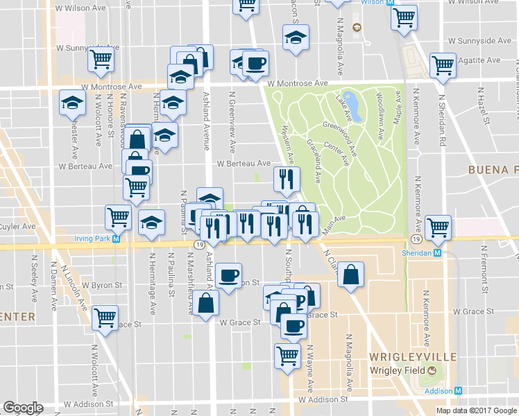 map of restaurants, bars, coffee shops, grocery stores, and more near 1442 West Belle Plaine Avenue in Chicago