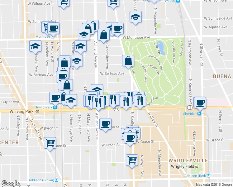 map of restaurants, bars, coffee shops, grocery stores, and more near 1442 West Belle Plaine Avenue in Chicago