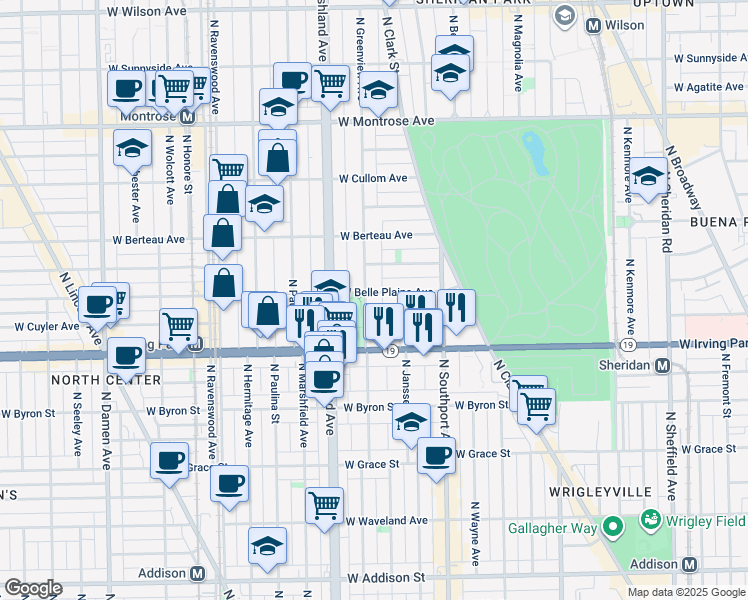map of restaurants, bars, coffee shops, grocery stores, and more near 4107 North Greenview Avenue in Chicago