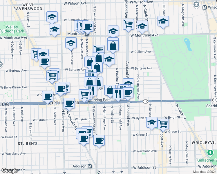 map of restaurants, bars, coffee shops, grocery stores, and more near 4107 North Hermitage Avenue in Chicago