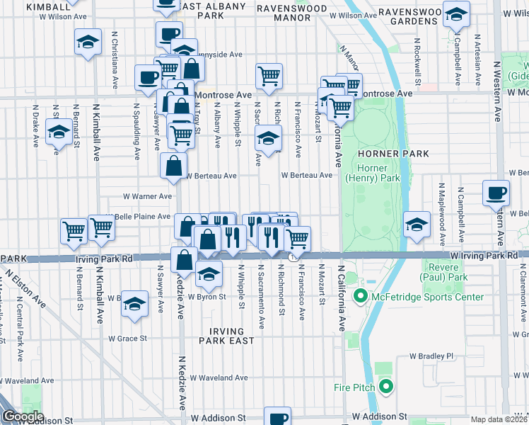 map of restaurants, bars, coffee shops, grocery stores, and more near 4122 North Sacramento Avenue in Chicago