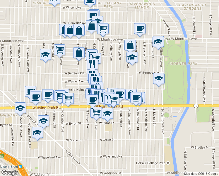 map of restaurants, bars, coffee shops, grocery stores, and more near 4123 North Troy Street in Chicago