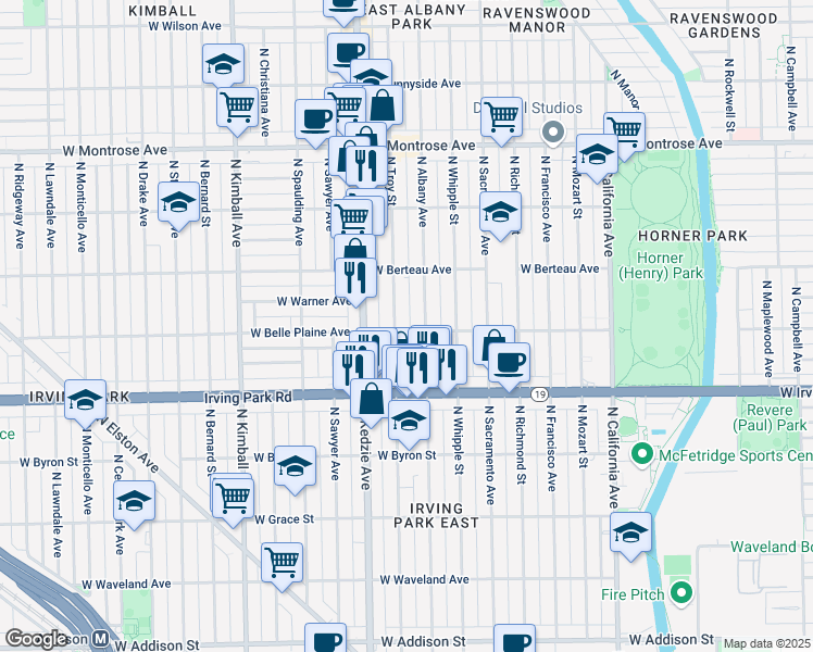 map of restaurants, bars, coffee shops, grocery stores, and more near 4123 North Troy Street in Chicago