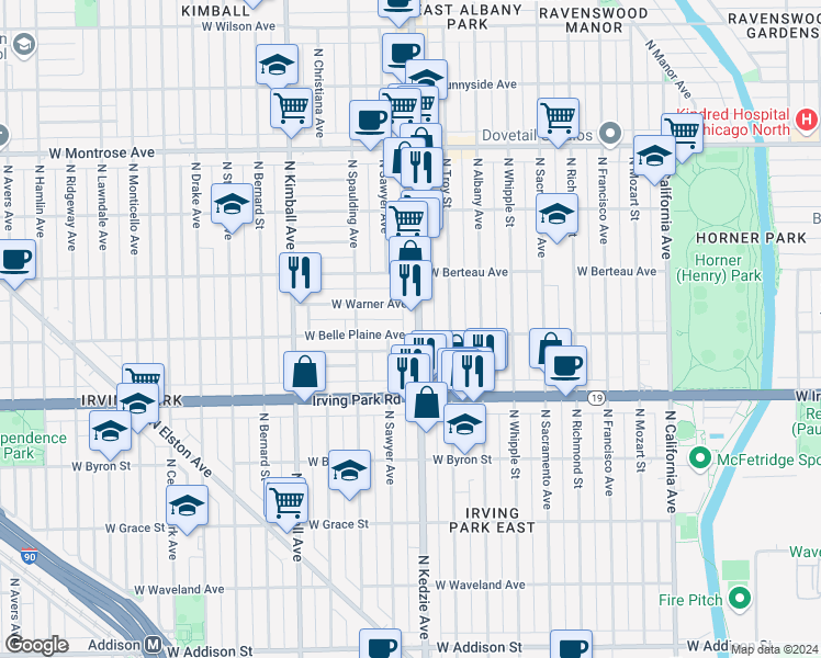 map of restaurants, bars, coffee shops, grocery stores, and more near 4125 North Kedzie Avenue in Chicago