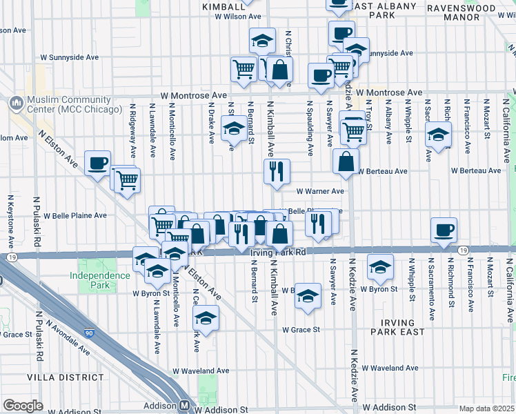 map of restaurants, bars, coffee shops, grocery stores, and more near 4125 North Bernard Street in Chicago