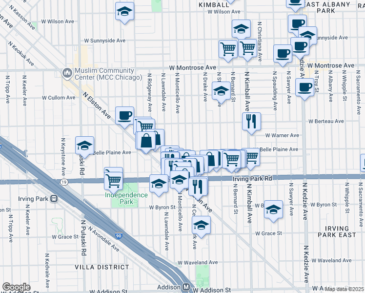 map of restaurants, bars, coffee shops, grocery stores, and more near 4129 North Monticello Avenue in Chicago