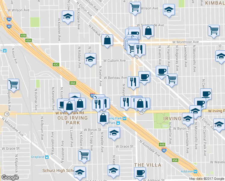 map of restaurants, bars, coffee shops, grocery stores, and more near 4135 North Kedvale Avenue in Chicago