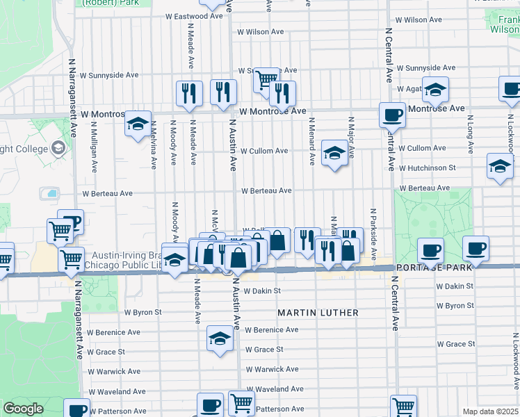 map of restaurants, bars, coffee shops, grocery stores, and more near 4155 North Mason Avenue in Chicago