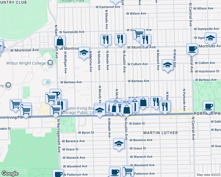 map of restaurants, bars, coffee shops, grocery stores, and more near 4158 North McVicker Avenue in Chicago