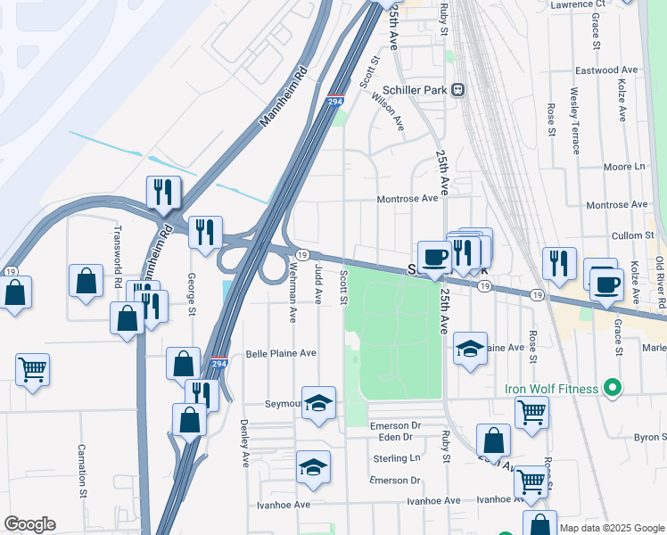 map of restaurants, bars, coffee shops, grocery stores, and more near 10008 Irving Park Road in Schiller Park