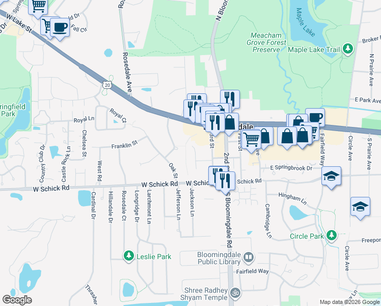 map of restaurants, bars, coffee shops, grocery stores, and more near 123 South Maple Avenue in Bloomingdale