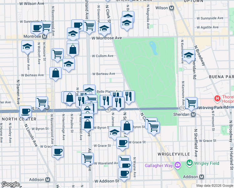 map of restaurants, bars, coffee shops, grocery stores, and more near 1442 West Belle Plaine Avenue in Chicago