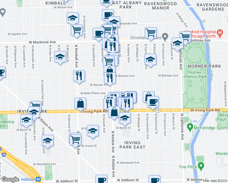 map of restaurants, bars, coffee shops, grocery stores, and more near 3150 West Belle Plaine Avenue in Chicago