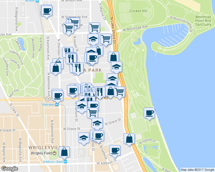 map of restaurants, bars, coffee shops, grocery stores, and more near 716 West Bittersweet Place in Chicago