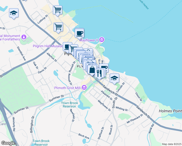 map of restaurants, bars, coffee shops, grocery stores, and more near 5 Main Street in Plymouth