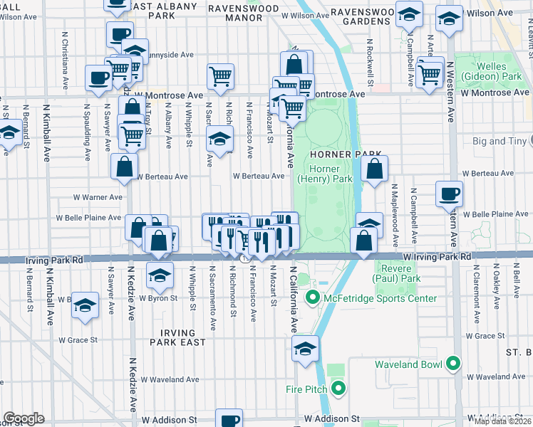 map of restaurants, bars, coffee shops, grocery stores, and more near 4123 North Francisco Avenue in Chicago