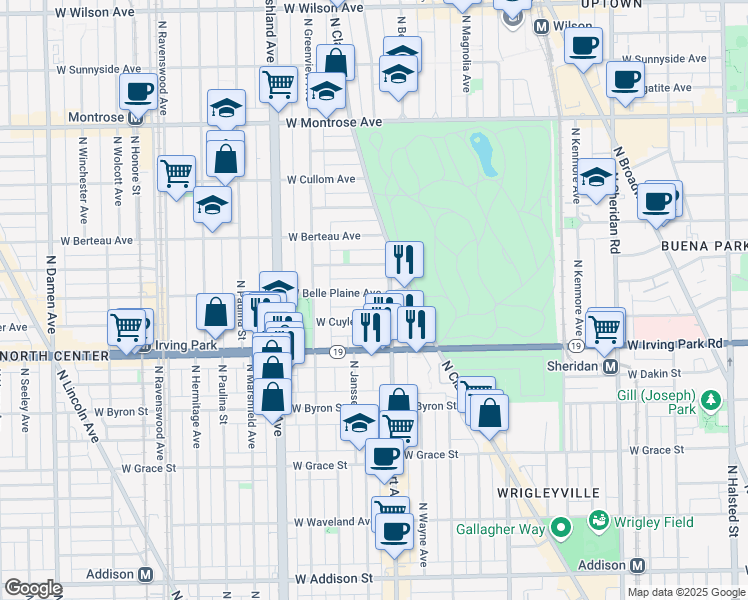 map of restaurants, bars, coffee shops, grocery stores, and more near 1417 West Belle Plaine Avenue in Chicago