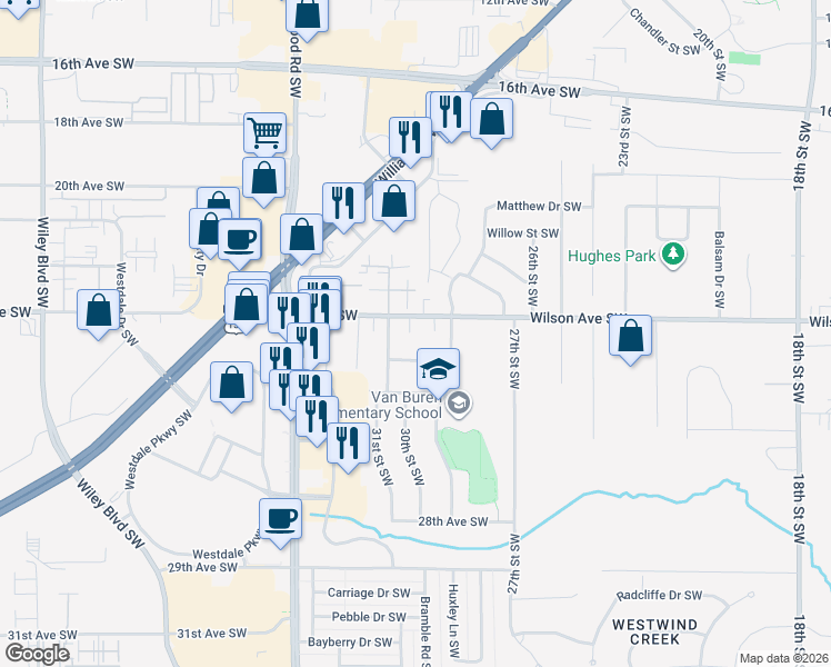 map of restaurants, bars, coffee shops, grocery stores, and more near 3003 Wilson Avenue Southwest in Cedar Rapids