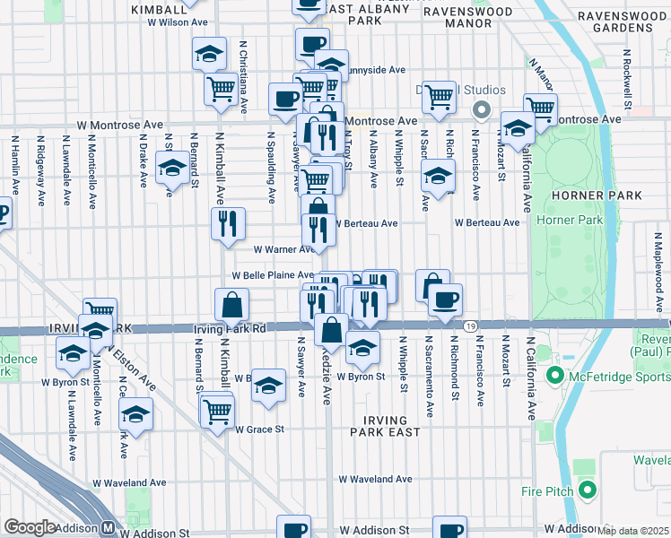 map of restaurants, bars, coffee shops, grocery stores, and more near 3148 West Belle Plaine Avenue in Chicago