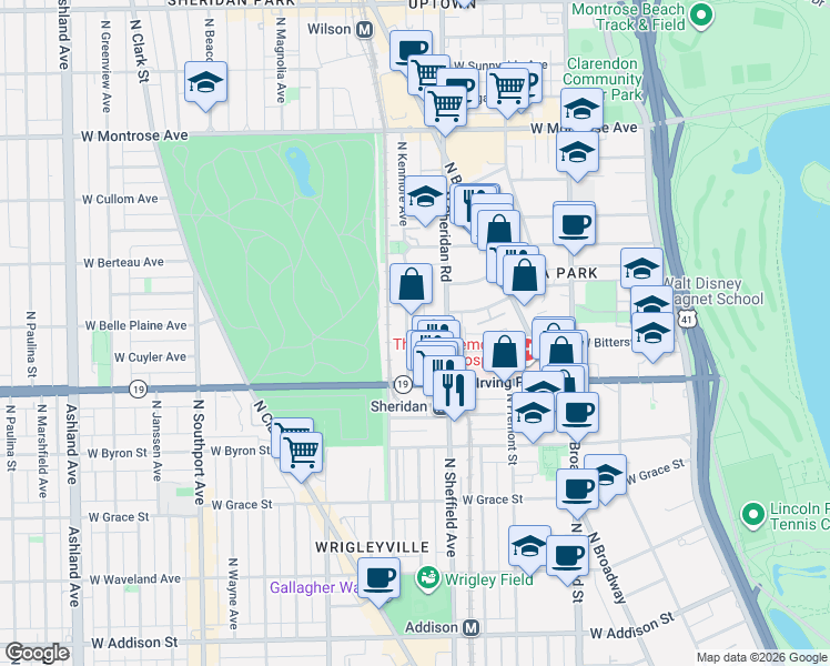 map of restaurants, bars, coffee shops, grocery stores, and more near 4069 North Kenmore Avenue in Chicago