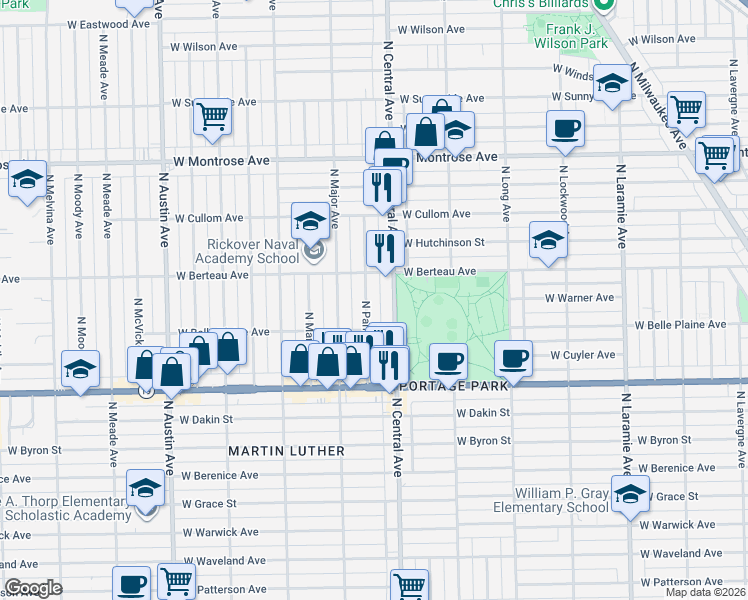 map of restaurants, bars, coffee shops, grocery stores, and more near 4153 North Parkside Avenue in Chicago