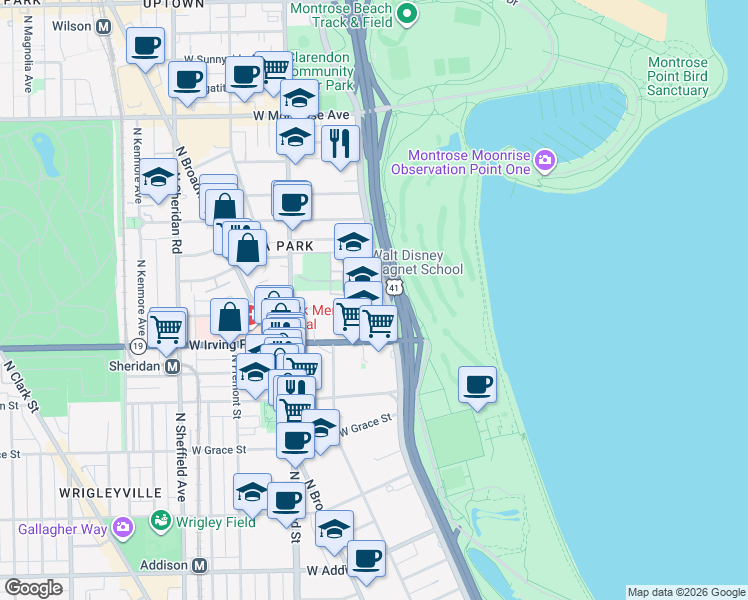 map of restaurants, bars, coffee shops, grocery stores, and more near 4100 North Marine Drive in Chicago